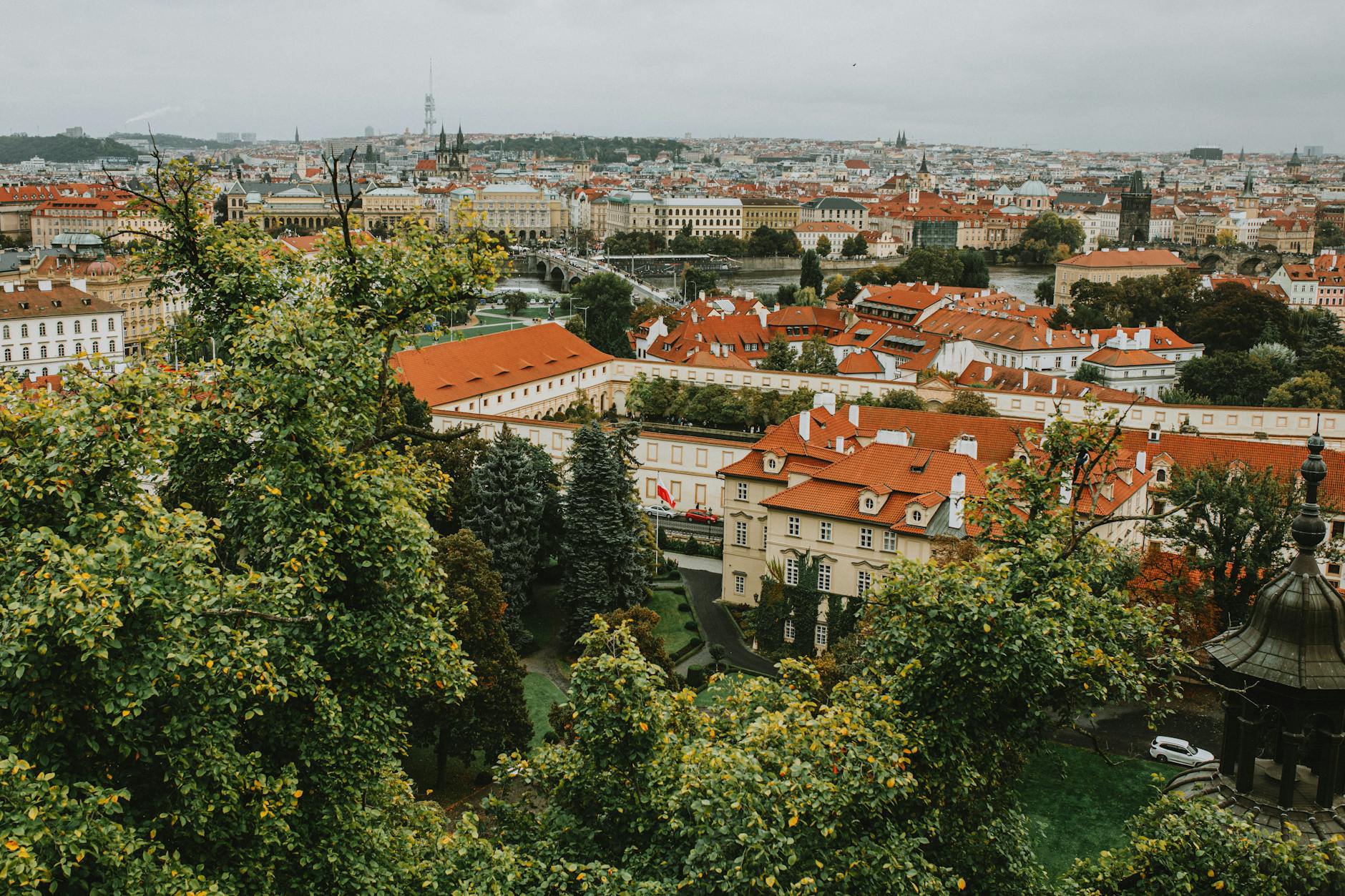 Panorama Pragi z lotu ptaka z czerwonymi dachami i zielenią miasta